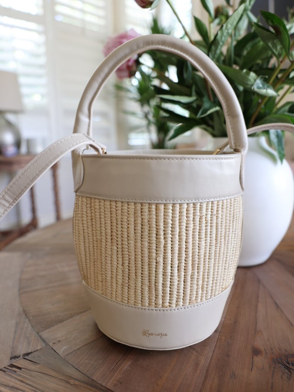 NWT Kyaropa Handwoven Raffia & Leather Bucket Bag, Made in Italy Design Sample